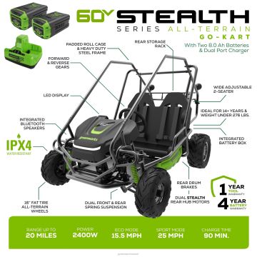 Greenworks transport 60v stealth-seeria maastikul 2-kohaline elektriline noorte gokart koos (2) 8ah aku ja kahe pordiga laadijaga 8H0T4V271