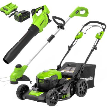 Greenworks tööriist 40 V 21" juhtmeta akuga niiduk, 12" nöörtrimmer ja 500 cfm puhuri kombineeritud komplekt 5,0 ah aku ja laadijaga 8H0T4V302