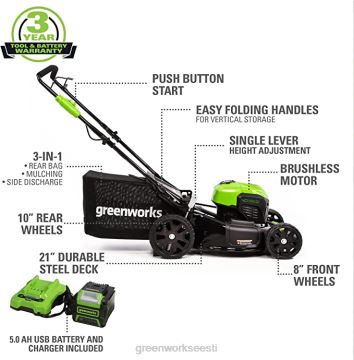 Greenworks tööriist 40v 21" juhtmeta akuga muruniiduk 3 tk kombineeritud komplekt 5,0ah aku ja laadijaga 8H0T4V322