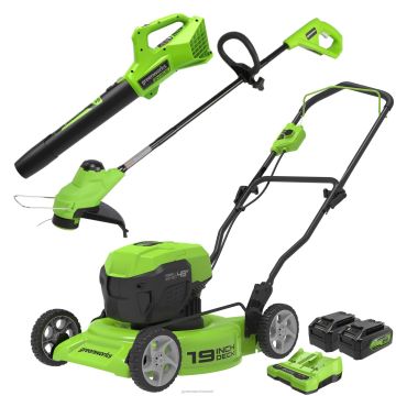 Greenworks tööriist 48v (2x24v) 19" juhtmeta akuniiduk, 10" nöörtrimmer ja 320 cfm puhuri kombineeritud komplekt koos (2) 4,0ah usb-akudega, (1) 2,0ah aku ja laadijatega 8H0T4V293