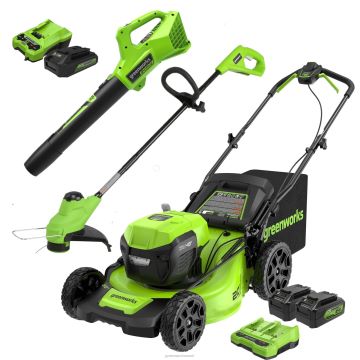 Greenworks tööriist 48v (2x24v) 20" juhtmeta akuniiduk, 10" nöörtrimmer ja 320 cfm puhuri kombineeritud komplekt koos (2) 4,0ah akuga, (1) 2,0ah aku ja laadijatega 8H0T4V286 - Sulgemiseks klõpsake pilti