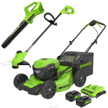 Greenworks tööriist 48v (2x24v) 20-tolline juhtmeta akuniiduk, 10-tolline trimmer ja 320cfm puhuri kombineeritud komplekt koos (2) 4,0ah aku ja kahe pordiga laadijaga 8H0T4V305