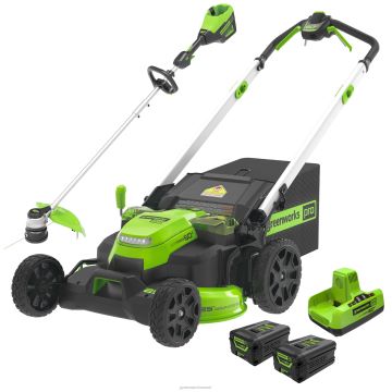 Greenworks tööriist 60 V 25" juhtmeta aku kahe teraga niiduk ja 16" nöörtrimmeri kombineeritud komplekt kahe (2) 4,0 aku ja kahe pordiga kiirlaadijaga 8H0T4V287