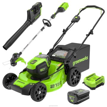 Greenworks tööriist 80v 21" juhtmeta aku harjadeta suruniiduk ja 500 cfm aksiaalne lehepuhur ja 13" nöörtrimmer koos (2) 2,0ah aku ja kiirlaadijaga 8H0T4V325