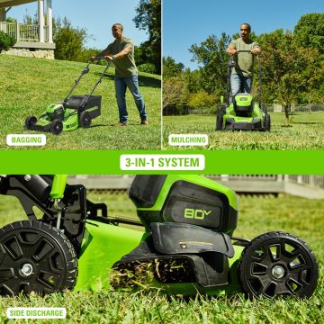 Greenworks tööriist 80v 21" juhtmeta aku harjadeta suruniiduk ja 500 cfm aksiaalne lehepuhur ja 13" nöörtrimmer koos (2) 2,0ah aku ja kiirlaadijaga 8H0T4V325