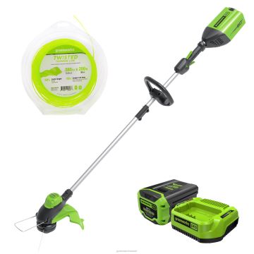 Greenworks tööriist 60 V 13-tolline juhtmeta akutrimmer ja 0,080 nööriga trimmerliini kombineeritud komplekt koos 2,0 ah aku ja laadijaga 8H0T4V337