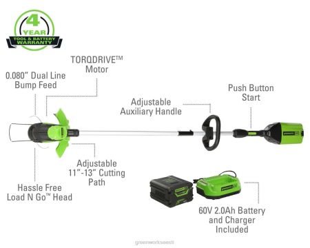 Greenworks tööriist 60 V 13-tolline juhtmeta akutrimmer ja 0,080 nööriga trimmerliini kombineeritud komplekt koos 2,0 ah aku ja laadijaga 8H0T4V337