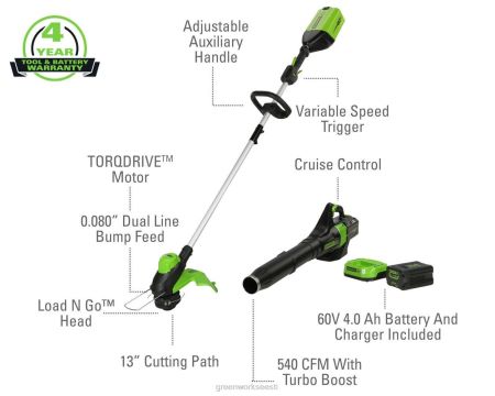 Greenworks tööriist 60 V 13-tolline juhtmeta akutrimmer ja 450 cfm lehepuhuri kombineeritud komplekt koos 4,0 Ah aku ja laadijaga 8H0T4V329