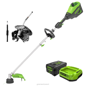 Greenworks tööriist 60 V 16" juhtmeta akutrimmer (saab lisaseadmega) ja 10" kultivaatori lisavarustus koos 4,0 ah aku ja laadijaga 8H0T4V336 - Sulgemiseks klõpsake pilti