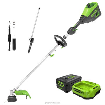 Greenworks tööriist 60 V 16-tolline juhtmeta akutrimmer (saab lisaseadmega) ja 10-tolline sae kinnituskomplekt koos 4,0 ah aku ja laadijaga 8H0T4V334 - Sulgemiseks klõpsake pilti