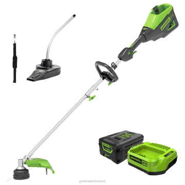 Greenworks tööriist 60 V 16-tolline juhtmeta akutrimmer (saab lisaseadmega) ja horisontaalne puhuri kinnitus koos 4,0 ah aku ja laadijaga 8H0T4V339