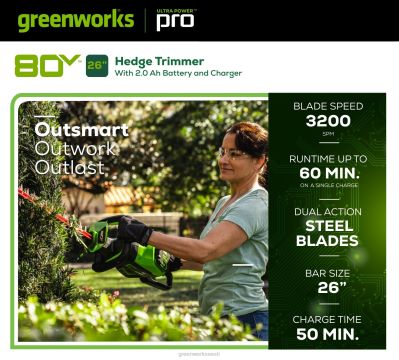 Greenworks tööriist 80v 26" juhtmeta aku hekilõikur koos 2,0ah aku ja laadijaga 8H0T4V184