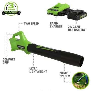 Greenworks tööriist 24v 320 cfm juhtmeta aku lehepuhur 2,0 ah aku ja laadijaga 8H0T4V119