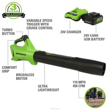 Greenworks tööriist 24v 450 cfm juhtmeta aku lehepuhur 4,0 ah usb aku ja laadijaga 8H0T4V105