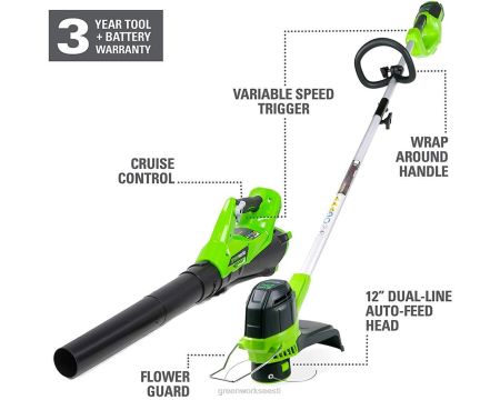 Greenworks tööriist 40v 12-tolline juhtmeta trimmer ja lehepuhur koos 2,0ah akuga 8H0T4V126