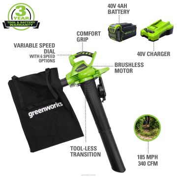 Greenworks tööriist 40v 340 cfm aku lehepuhur ja vaakum koos 4,0 ah aku ja laadijaga 8H0T4V102