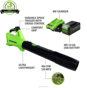 Greenworks tööriist 40v 450 cfm juhtmeta aku lehepuhur koos 4.0ah usb aku ja laadijaga 8H0T4V100