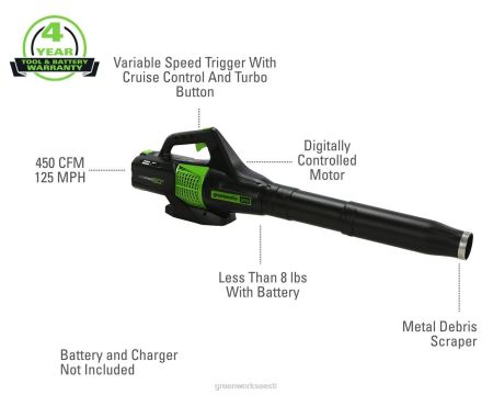 Greenworks tööriist 60v 450 cfm akuga lehepuhur (ainult tööriist) 8H0T4V110