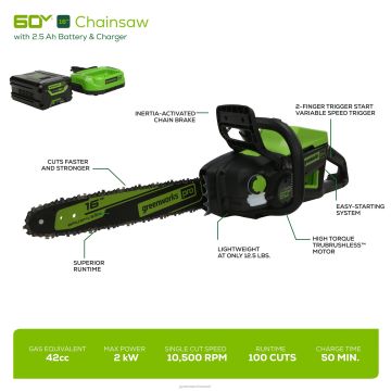 Greenworks tööriist 60v 16" aku kettsaag 2,5ah aku ja laadijaga 8H0T4V140