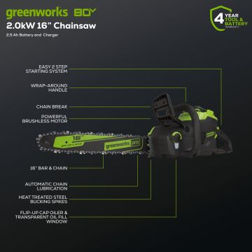 Greenworks tööriist 80v 16" aku kettsaag 2,5ah aku ja laadijaga 8H0T4V133