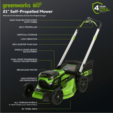 Greenworks tööriist 60 V 21-tolline juhtmeta aku iseliikuv muruniiduk kahe (2) 4,0 ah aku ja kahe pordiga laadijaga 8H0T4V16