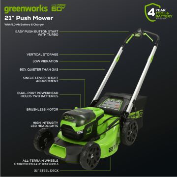 Greenworks tööriist 60 V 21-tolline juhtmeta akuga muruniiduk 5,0ah aku ja laadijaga 8H0T4V17