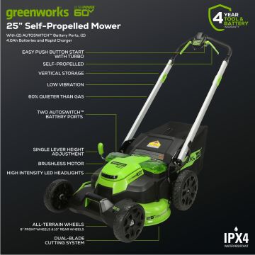 Greenworks tööriist 60 V 25-tolline juhtmeta aku kahe teraga iseliikuv muruniiduk kahe (2) 4,0 ah aku ja kahe pordiga laadijaga 8H0T4V15