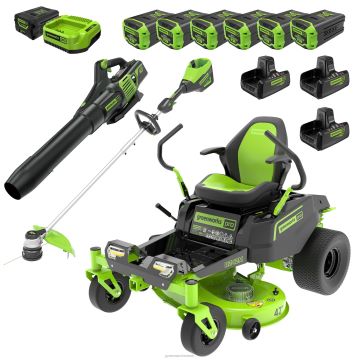 Greenworks tööriist 60v 42" juhtmeta aku crossoverz nullpöördega muruniiduk 3-tööriista kombineeritud komplekt koos (6) 8ah aku, ühe (1) 2,5ah aku ja nelja (4) laadijaga 8H0T4V7 - Sulgemiseks klõpsake pilti