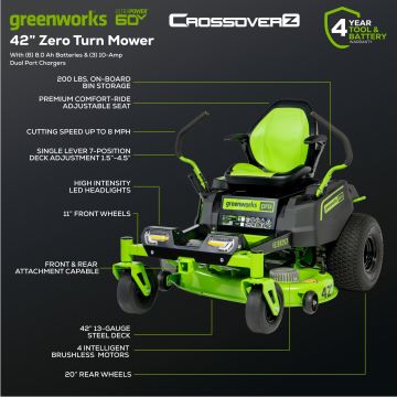 Greenworks tööriist 60v 42-tolline elektriline crossoverz nullpöördega niiduk (6) 8 ah aku ja (3) kahe pordiga turbolaaduriga 8H0T4V1