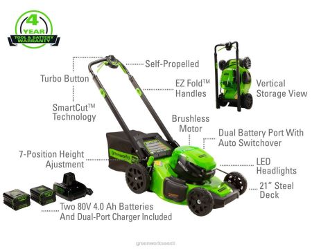 Greenworks tööriist 80v 21" juhtmeta aku iseliikuva niiduk (2) 4,0ah aku ja laadijaga 8H0T4V20