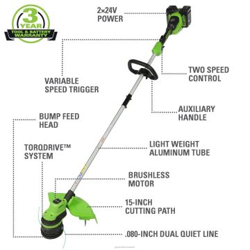 Greenworks tööriist 48v (2x24v) 15" juhtmeta akutrimmer koos (2) 4,0ah usb aku ja laadijaga 8H0T4V71