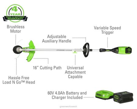 Greenworks tööriist 60 V 16-tolline juhtmeta akutrimmer (saab lisaseadmega) 4,0 ah aku ja laadijaga 8H0T4V64