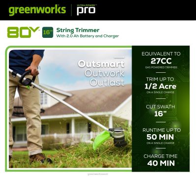 Greenworks tööriist 80 V 16-tolline juhtmeta akutrimmer 2,0 ah aku ja laadijaga 8H0T4V61