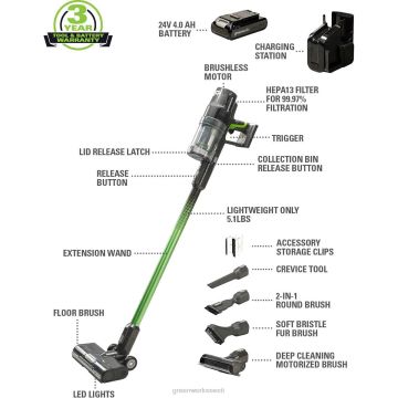 Greenworks tööriist 24 V juhtmeta aku roheline vaakum koos 4.0ah usb-c aku ja laadijaga 8H0T4V357