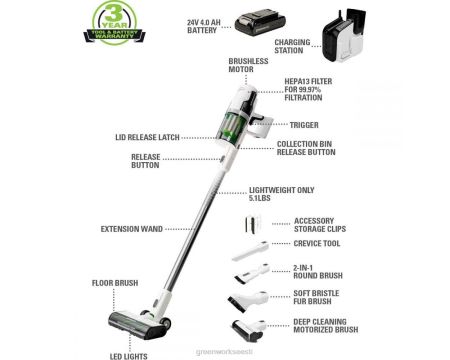 Greenworks tööriist 24 V juhtmeta aku valge pulgaga vaakum 4,0 ah usb-c aku ja laadijaga 8H0T4V358