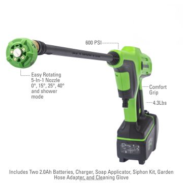 Greenworks tööriist 24v 600-psi juhtmeta elektripuhasti (2) 2,0ah aku ja laadijaga 8H0T4V241