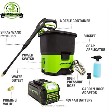 Greenworks tööriist 40v 800 psi 1,0 gpm külma vee ämbriga survepesur koos 4,0ah aku ja laadijaga 8H0T4V239