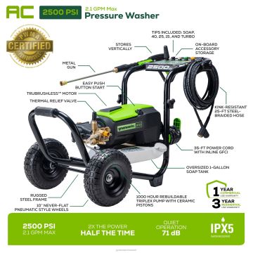 Greenworks tööriist 2500 psi 2,1 gpm külma veega elektriline survepesur 8H0T4V222