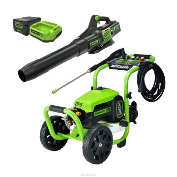 Greenworks tööriist pesemise ja kuivatamise kombineeritud komplekt juhtmega 3000 psi elektrilise survepesuriga ja 60v 610 cfm lehepuhuri, 2,5ah aku ja kiirlaadijaga 8H0T4V326 - Sulgemiseks klõpsake pilti